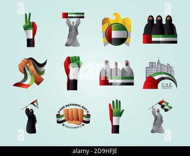 Journée nationale des Émirats arabes Unis, icônes de collection avec des personnes, des mains, des drapeaux illustration vectorielle Illustration de Vecteur
