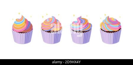 Petits gâteaux avec glaçage arc-en-ciel tournoyé. Muffins savoureux et brillants à la crème colorée. Illustration vectorielle dans un joli style de dessin animé Illustration de Vecteur