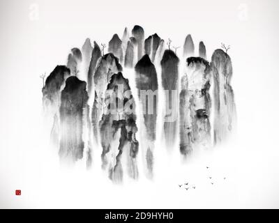 Peinture traditionnelle chinoise de paysage de montagnes Banque D'Images