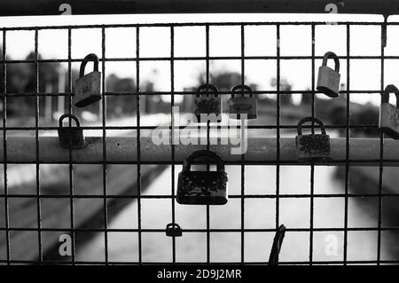 Gros plan en niveaux de gris de nombreux verrous sur une grille Banque D'Images