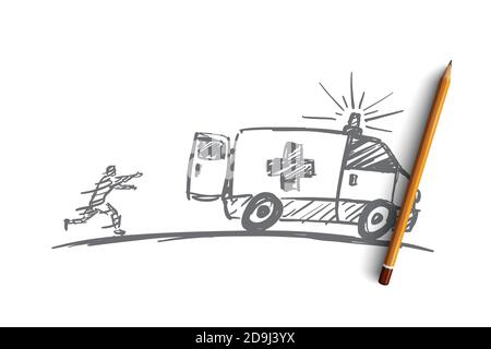 Dessin vectoriel de concept d'ambulance dessiné à la main avec un crayon dessus. Homme courant vers une voiture d'ambulance et essayant de la rattraper Illustration de Vecteur