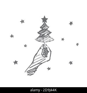 Dessin de Noël vectoriel dessiné à la main. Main humaine tenant petit sapin décoré avec étoile sur le dessus Illustration de Vecteur