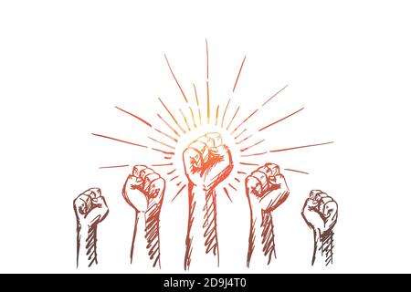 Mains levées tirées à la main avec des poings serrés Illustration de Vecteur