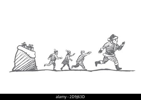 Des enfants dessinés à la main qui tentent d'attraper le père Noël caché Illustration de Vecteur