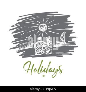 Couple tiré à la main assis et regardant le yacht Illustration de Vecteur