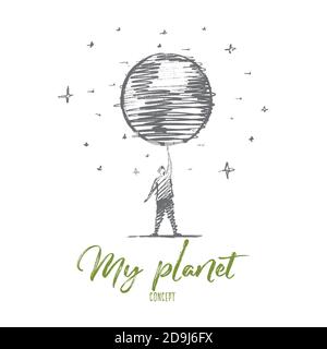 Gros globe dessiné à la main et tournant sur le doigt de l'homme Illustration de Vecteur