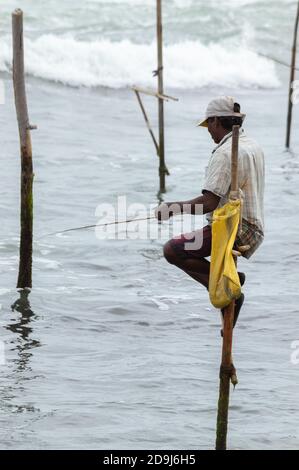 Pêcheur de stilt avec sa tige en bois face à l'appareil photo avec sa poche jaune sur le poteau, la pêche dans une méthode traditionnelle unique au Sri Lanka Banque D'Images