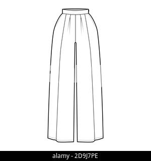 Pantalon jupe jupe jupe jupe culotte gaucho technique mode illustration avec longueur de la cheville, silhouette surdimensionnée, fermeture à glissière latérale. Modèle avant à fond plat, couleur blanche. Femmes, hommes, maquette de CAD unisex Illustration de Vecteur