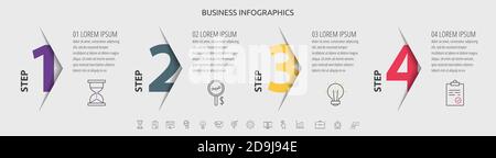 Infographie vectorielle avec 4 étapes, étiquette, chiffre, icônes. Chronologie utilisée pour le diagramme, le diagramme, la bannière, la disposition du flux de travail, l'organigramme, graphique d'information, chronologie Illustration de Vecteur