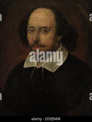 Le portrait de Chandos. Le portrait le plus célèbre qui dépeint William Shakespeare (1564-1616). Attribué à John Taylor. Huile sur toile (552 mm x 438 mm), c.1610. Galerie nationale de portraits. Londres, Angleterre, Royaume-Uni. Banque D'Images