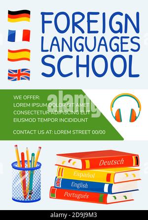 Modèle de vecteur plat d'affiche scolaire en langues étrangères Illustration de Vecteur
