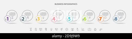 Infographie sur les lignes vectorielles des cercles avec icônes en 8 étapes. Chronologie utilisée pour les graphiques, le Web, la bannière, la mise en page du flux de travail, les présentations, organigramme, graphique d'informations Illustration de Vecteur