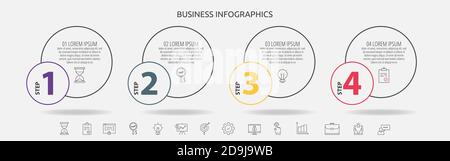 Infographie sur les lignes vectorielles des cercles avec icônes en 4 étapes. Chronologie utilisée pour le diagramme, le diagramme, la présentation du flux de travail, les présentations, l'organigramme, info graphe, contenu Illustration de Vecteur