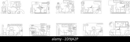 Les conceptions d'intérieur de bureau présentent un ensemble d'illustrations vectorielles. Compositions des contours du lieu de travail des employés sur fond blanc. Studio créatif , collègue Illustration de Vecteur