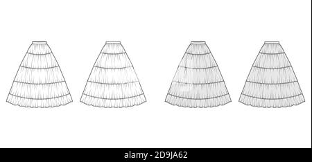 Jupons de jupons pour une illustration technique de la mode avec une longueur de sol maximale, une plénitude circulaire. Sous-vêtement plat gabarit avant, arrière, couleur gris blanc. Femmes, hommes, maquette de CAD unisex Illustration de Vecteur