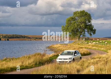 Route à voie unique à côté de Lochindorb, Badenoch et Strathspey, Highland, Écosse. Voiture VW Polo blanche sur route. Banque D'Images