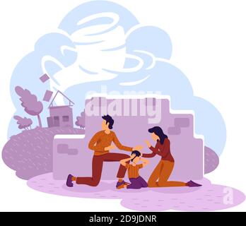 Famille se cachant de tornado 2D vecteur web bannière, poster Illustration de Vecteur