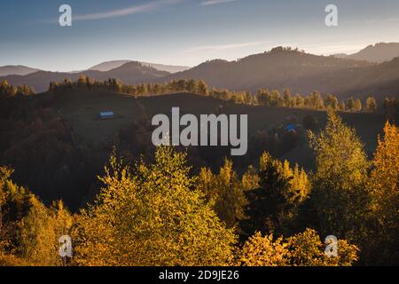 Scène rurale d'automne du village roumain en Transylvanie, au pied des Carpates Banque D'Images