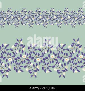 Bordure florale, branches aux feuilles violettes et fleurs crème légères sur fond de pistache. Illustration vectorielle, design pour affiche, bannière, invitation, livre, tissu de mode, emballage. Illustration de Vecteur