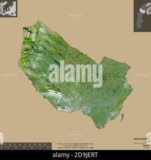 Vasterbotten, comté de Suède. Imagerie satellite Sentinel-2. Forme isolée sur un arrière-plan solide avec des superpositions informatives. Contient Copernic modifié Banque D'Images