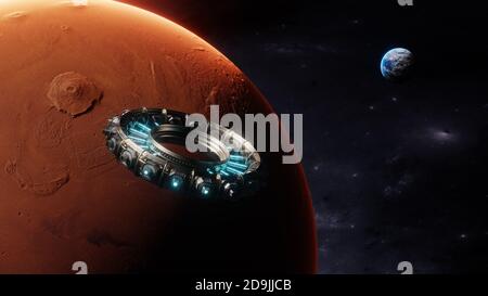Vue de la terre et d'un navire approchant de Mars. Illustration 3d détaillée et réaliste. Vaisseau spatial flottant dans les Univers, navette dans l'atmosphère. Images de la NASA. Banque D'Images