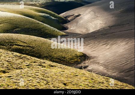 Un paysage ondulé contrastay d'un ancien ruisseau où les dunes volcaniques noires rencontrent les dunes vertes couvertes de mousse. Région volcanique de Lakagigar, Islande. Coucher de soleil tim Banque D'Images