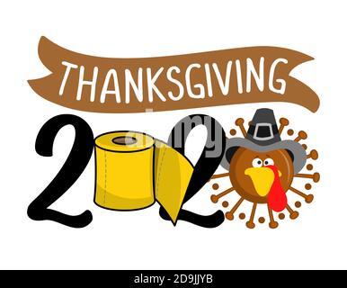 Thanksgiving 2020 quarantaine masque facial Turquie mignon coronavirus et papier toilette jaune - non merci 2020. Expression de lettrage de conscience. Coronavirus (2019 Illustration de Vecteur