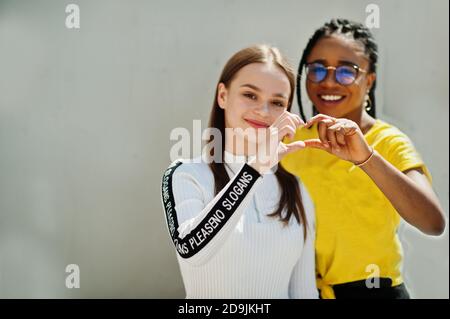 Fille blanche de race blanche et afro-américaine noire ensemble. L'unité mondiale, l'amour racial, la compréhension dans la tolérance et la coopération dans la diversité. Banque D'Images