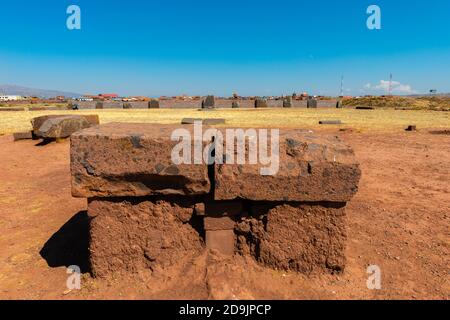Cuartos materiales Kalasasya, site archéologique Tiwanaku ou Tiahuanaco, patrimoine mondial de l'UNESCO, Altiplano, la Paz, Bolivie, Amérique latine Banque D'Images