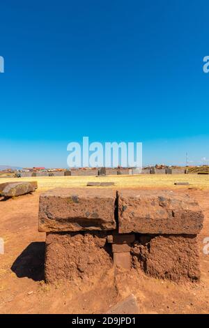 Cuartos materiales Kalasasya, site archéologique Tiwanaku ou Tiahuanaco, patrimoine mondial de l'UNESCO, Altiplano, la Paz, Bolivie, Amérique latine Banque D'Images