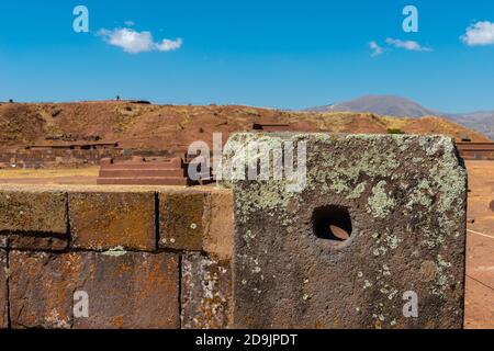 Cuartos materiales Kalasasya, site archéologique Tiwanaku ou Tiahuanaco, patrimoine mondial de l'UNESCO, Altiplano, la Paz, Bolivie, Amérique latine Banque D'Images