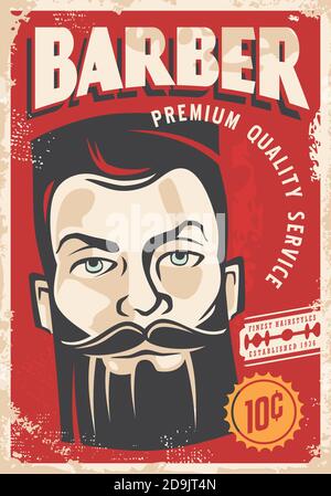 Affiche rétro du salon de coiffure avec portrait d'homme barbu sur fond de texture papier ancien. Image vectorielle de service de coupe et de rasage. Illustration de Vecteur
