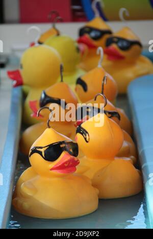 Canards en plastique décorés lors d'un spectacle de côté d'une foire. Banque D'Images