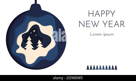 Boule de Noël. Carte Joyeux Noël et Bonne Année. Sapin de Noël, boules en verre argenté sur fond bleu Illustration de Vecteur