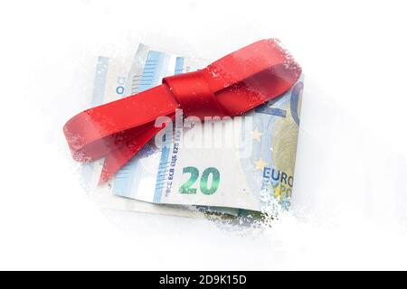 Billets et pièces en euros décorés d'arcs-cadeaux; donner de l'argent aux fêtes de Noël. Quand vous ne savez pas quoi donner, vous donnez de l'argent. Le meilleur cadeau, Banque D'Images