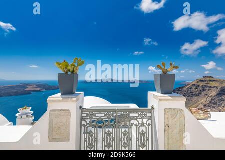 Vue sur la mer bleue de Santorini sur la porte en fer et les fleurs, l'architecture blanche et le paysage d'été traditionnel de la Grèce. Concept de vacances de voyage de luxe Banque D'Images