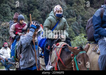 Kedarnath, Uttarakhand, Inde-octobre 30 2020:femme portant un masque facial sur le trek de kedarnath. Le temple de Kedarnath est un lieu de pèlerinage hindou en Inde. . Photo de haute qualité Banque D'Images