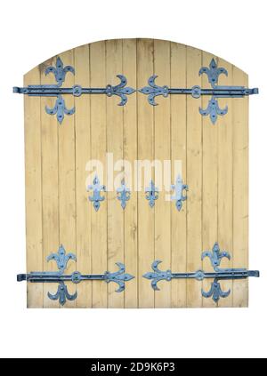 Ancienne porte en bois sombre et sombre isolée sur fond blanc. Portes doubles en bois avec détails en fer.majestueuse architecture de bâtiment porte massive Banque D'Images