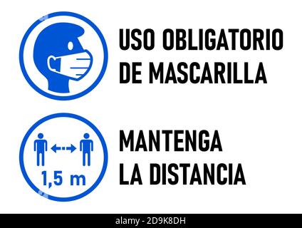 Avertissement icônes en espagnol 'Uso Oligatorio de Mascarilla' (masques de visage requis) et 'Mantenga la Distancia' (garder votre distance) 1,5 M. Image vectorielle. Illustration de Vecteur