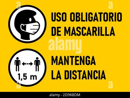Avertissement icônes en espagnol 'Uso Oligatorio de Mascarilla' (masques de visage requis) et 'Mantenga la Distancia' (garder votre distance) 1,5 M. Image vectorielle. Illustration de Vecteur