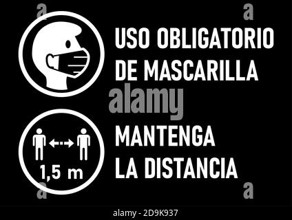Avertissement icônes en espagnol 'Uso Oligatorio de Mascarilla' (masques de visage requis) et 'Mantenga la Distancia' (garder votre distance) 1,5 M. Image vectorielle. Illustration de Vecteur