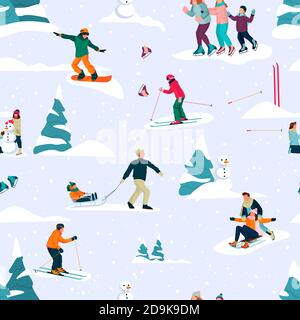Motif hivernal sans couture avec des gens heureux ski, patinage et luge. Dessin animé de Noël plat vectoriel arrière-plan amusant. Sports d'extérieur, style de vie et climatisation Illustration de Vecteur