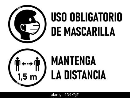 Avertissement icônes en espagnol 'Uso Oligatorio de Mascarilla' (masques de visage requis) et 'Mantenga la Distancia' (garder votre distance) 1,5 M. Image vectorielle. Illustration de Vecteur