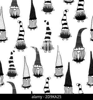 Gnomes de Noël à motif vectoriel sans couture. Illustration à la main de gnomes noirs sur fond horizontal blanc répétitif. Motif vacances monochrome Illustration de Vecteur