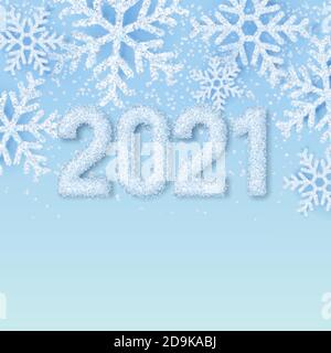 Bonne année 2021 les nombres de neige blanche sur fond bleu abstrait d'hiver avec des flocons de neige réalistes. Bandeau, affiche, carte de vœux minimaliste et élégant Illustration de Vecteur