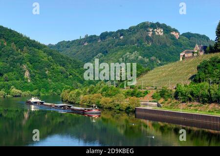 Serrig barrage avec le domaine Würtzberg et Klause à Kastel-Staadt, Rhénanie-Palatinat, Allemagne Banque D'Images