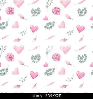 Motif sans couture des éléments botaniques de la Saint-Valentin et coeur sur fond blanc. Des éléments floraux se sont levés aux branches de l'eucalyptus rose il Banque D'Images