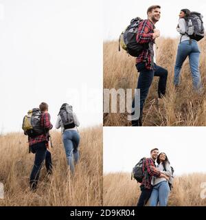 Collage de couple multiethnique souriant marchant avec des sacs à dos sur la pelouse côte Banque D'Images