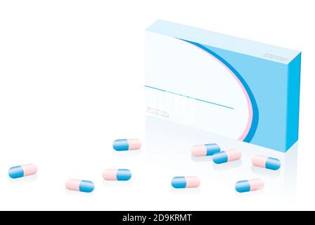 Modèle de boîte à pilules vierge. Médicament non étiqueté avec capsules dispersées - illustration sur fond blanc. Banque D'Images