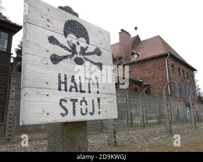 Panneau d'arrêt Skull & Crossbone au musée du camp de concentration d'Auschwitz-Birkenau, Oswiecim, Pologne Banque D'Images